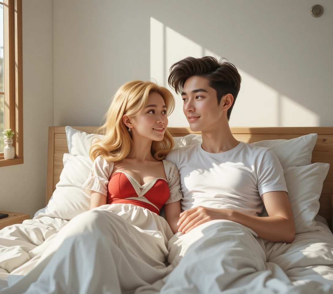 Young couple relaxing together on a cozy sunlit bed