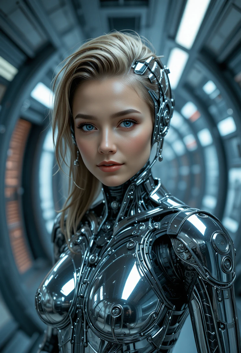 Female cyborg walking through a chrome spaceship corridor
