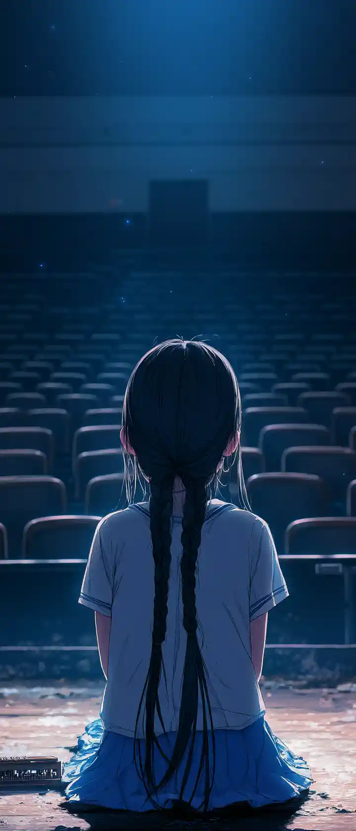 Crying Anime Girl With Music Box On Empty School Stage