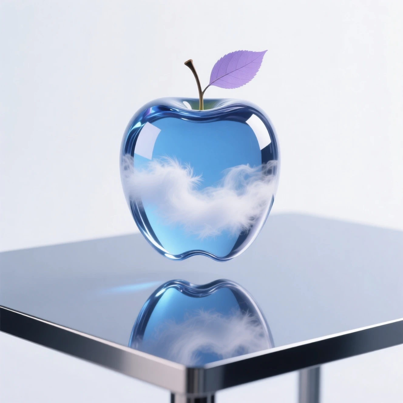 Glass apple with mist floating above reflective metal table