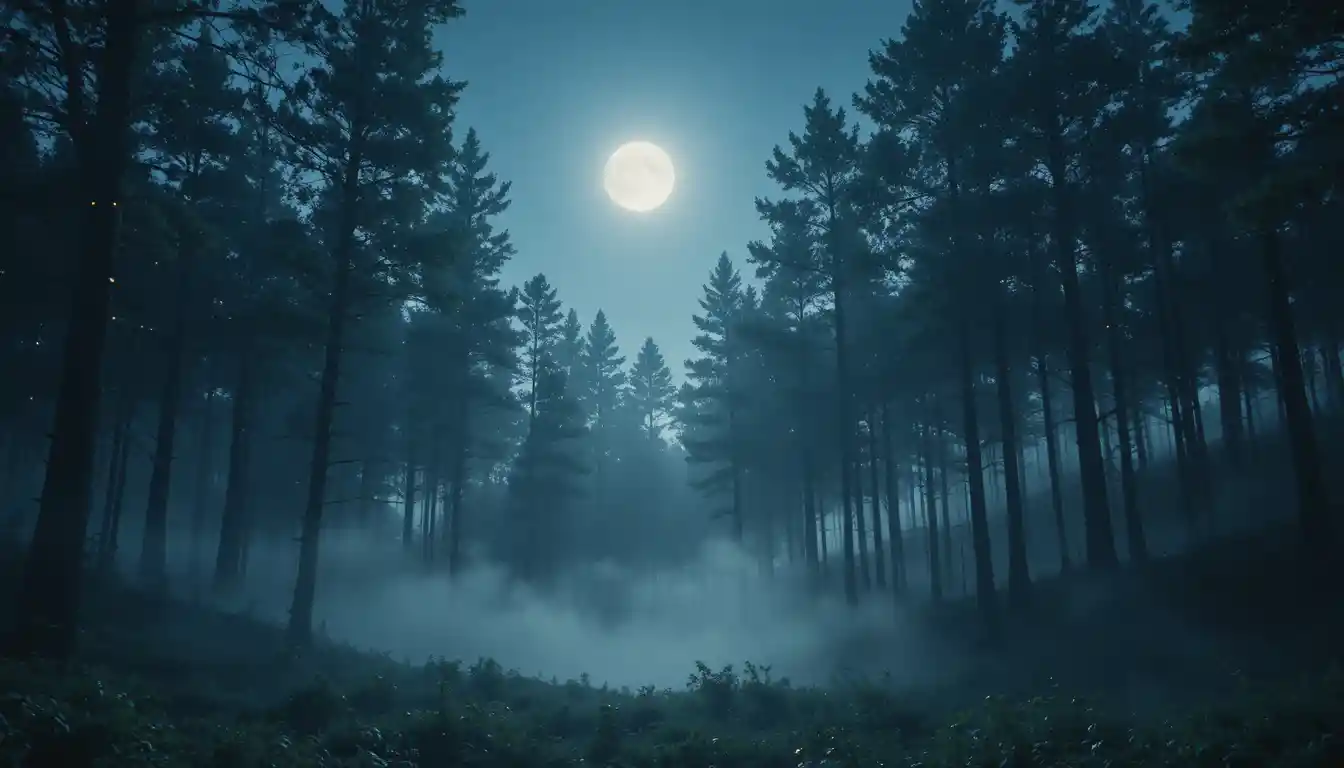 Serene Night Forest Under Moonlight With Gentle Mist
