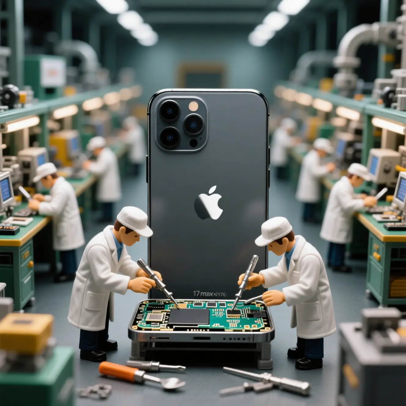 忙碌工廠中維修智慧型手機的微型技師