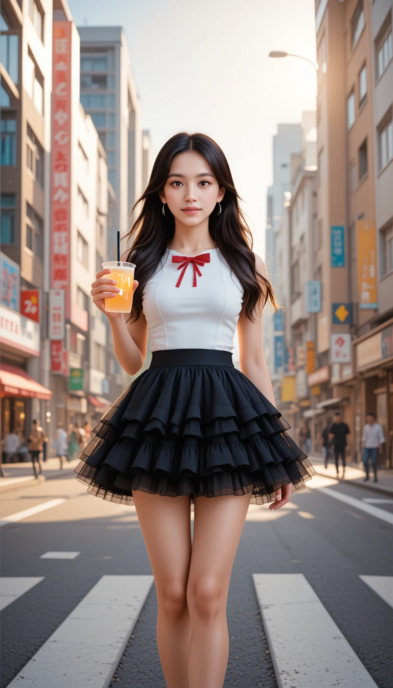 Cheerful woman crossing city street in sunlight