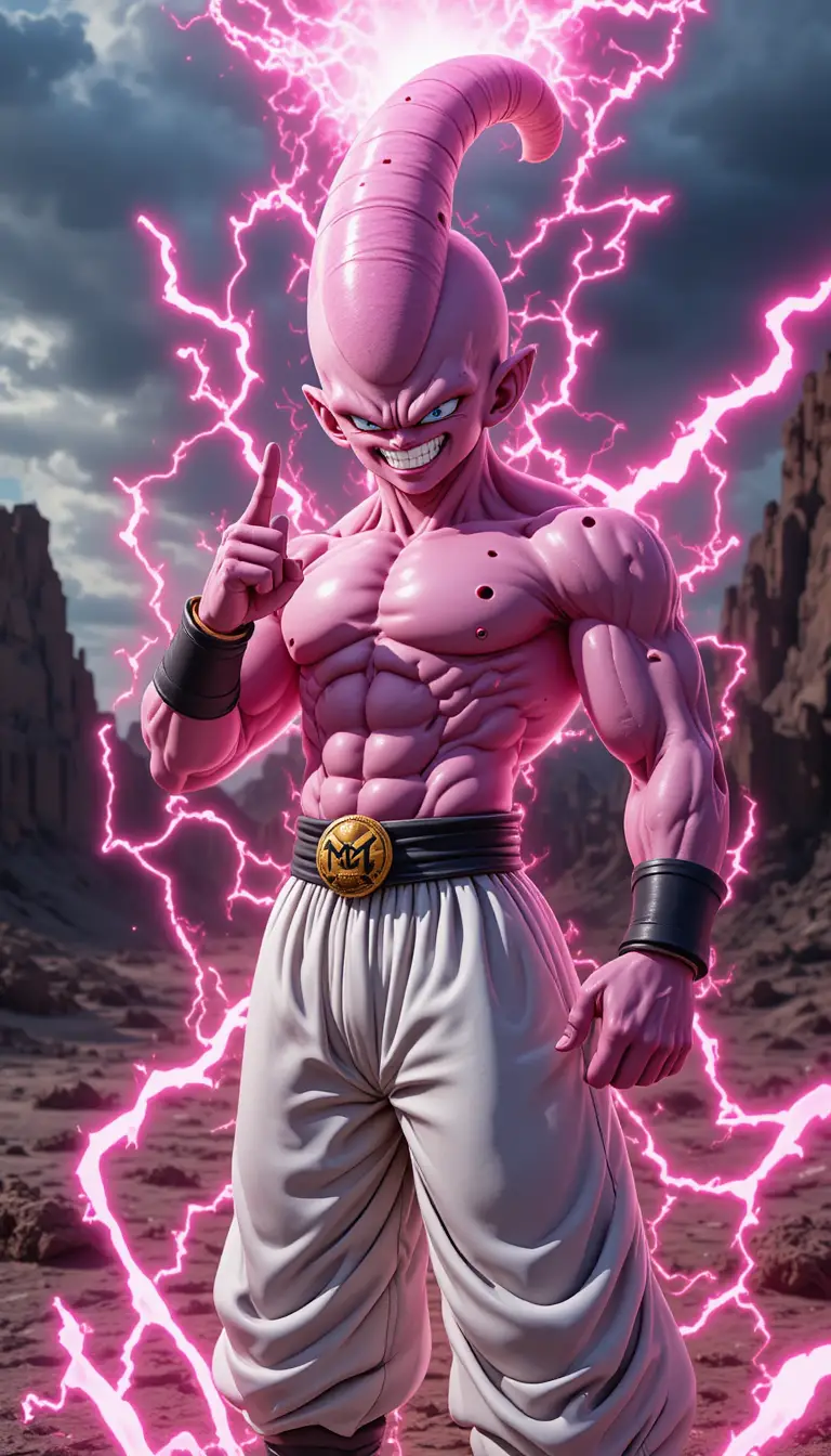 Pink humanoid monster charging power in ruined wasteland