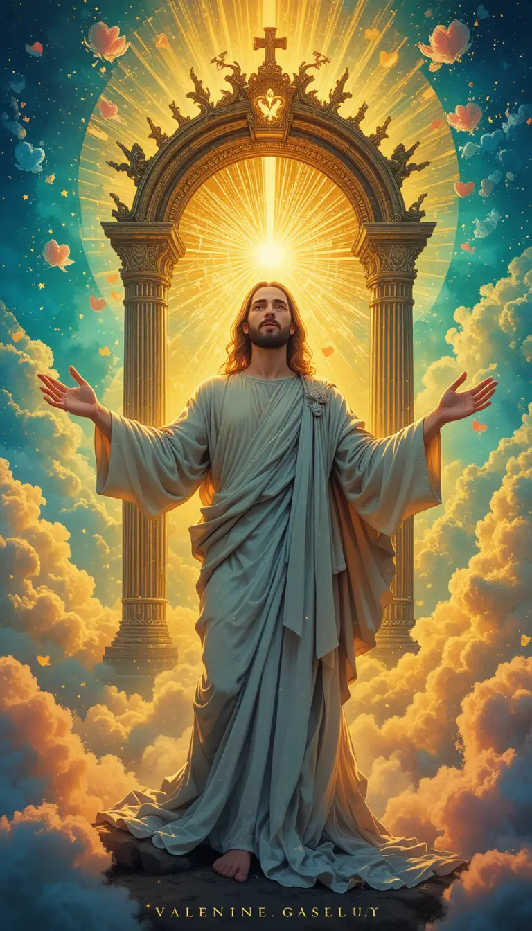 Jesus at heavenly gates reaching out in valentine embrace