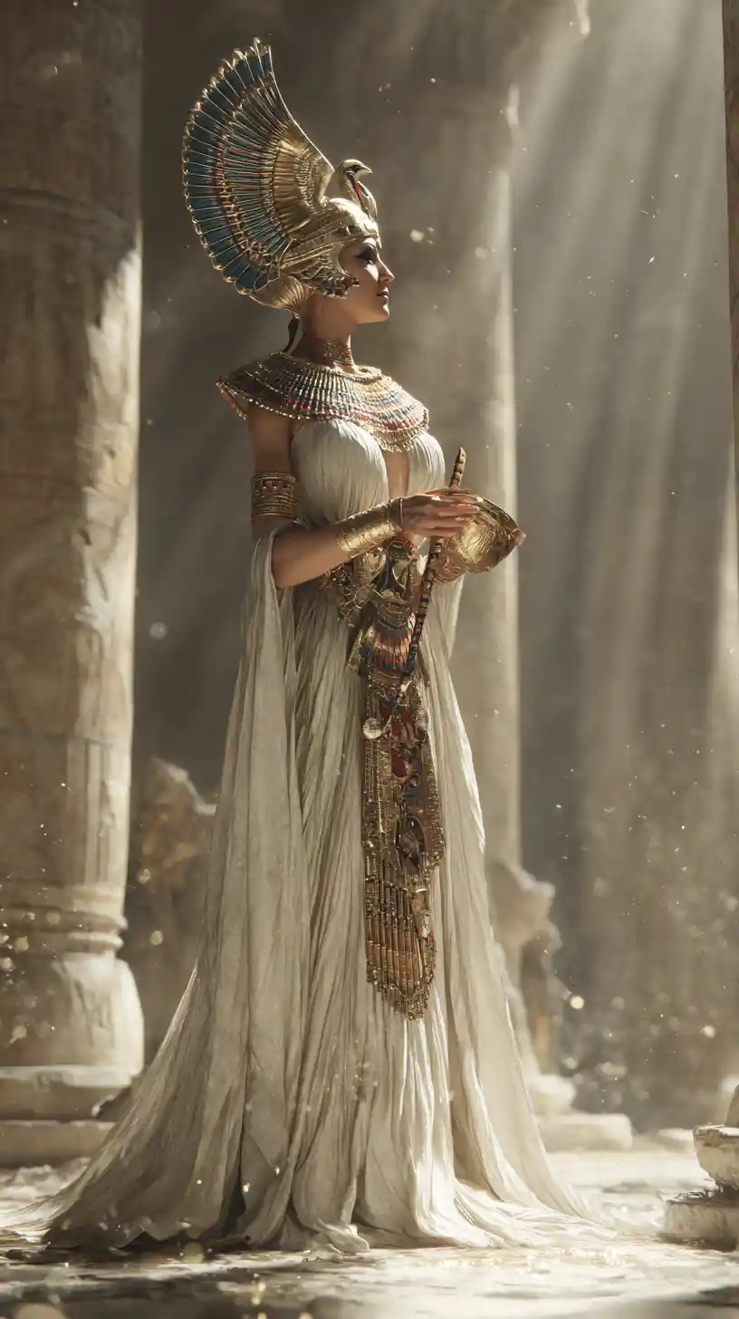 Egyptian queen in ceremonial pose within sunlit temple
