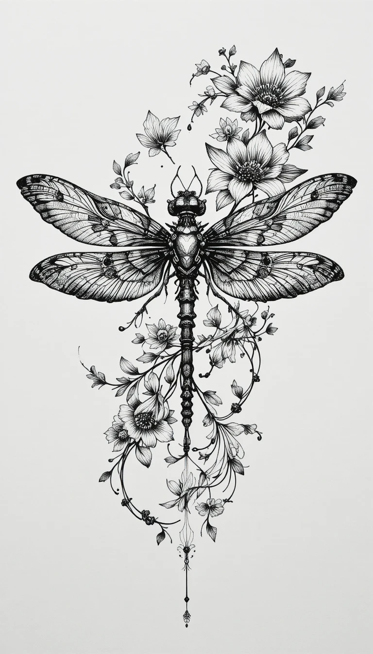 Filigrane Tinten-Libellenillustration aus floralen Elementen