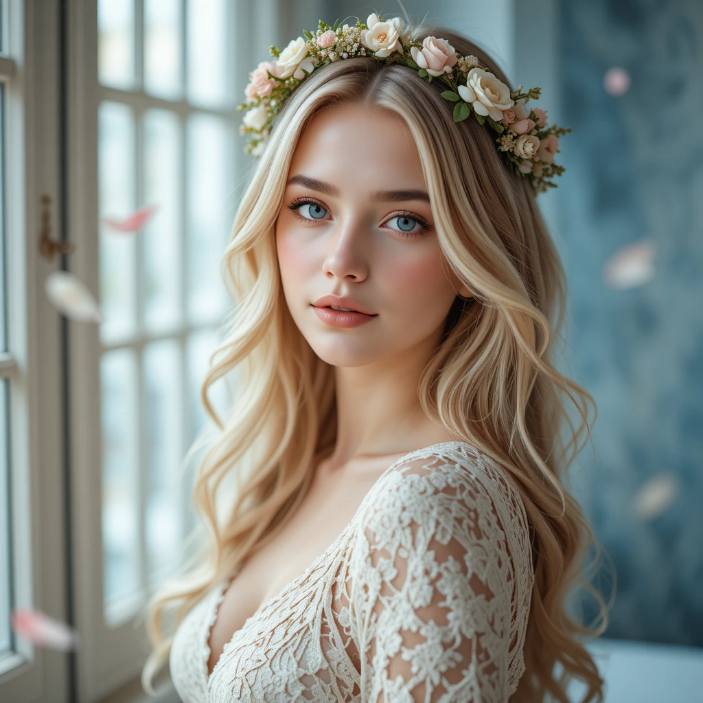 Joven mujer rubia con corona de flores en una luz suave y soñadora