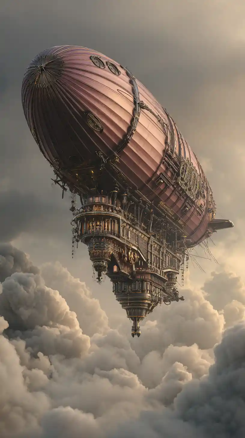 Dirigibile futuristico in attracco sopra un’immensa città fantasy