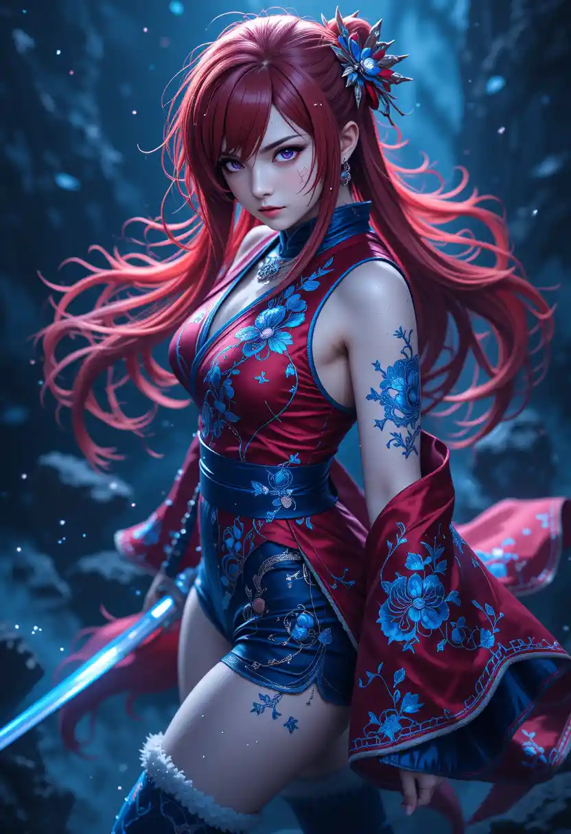 Guerrera de anime con katana en escena mágica oscura