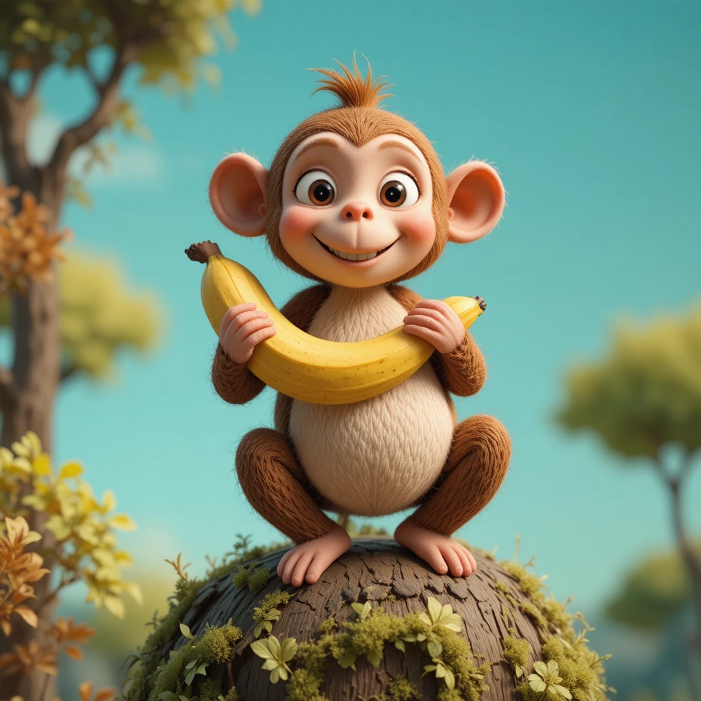Cheeky cartoon monkey on a soft tree holding a banana
