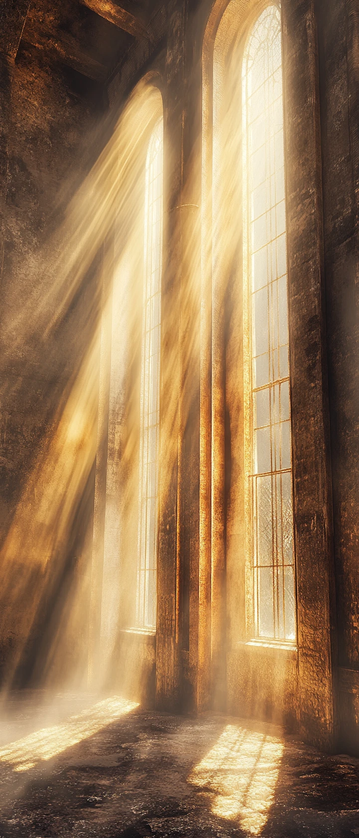 Golden sunbeams in a misty steampunk ruin interior