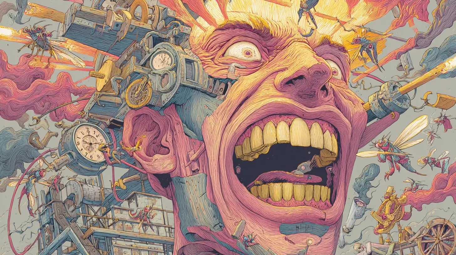 Surreal distorted human face with mechanical insects and smoke
