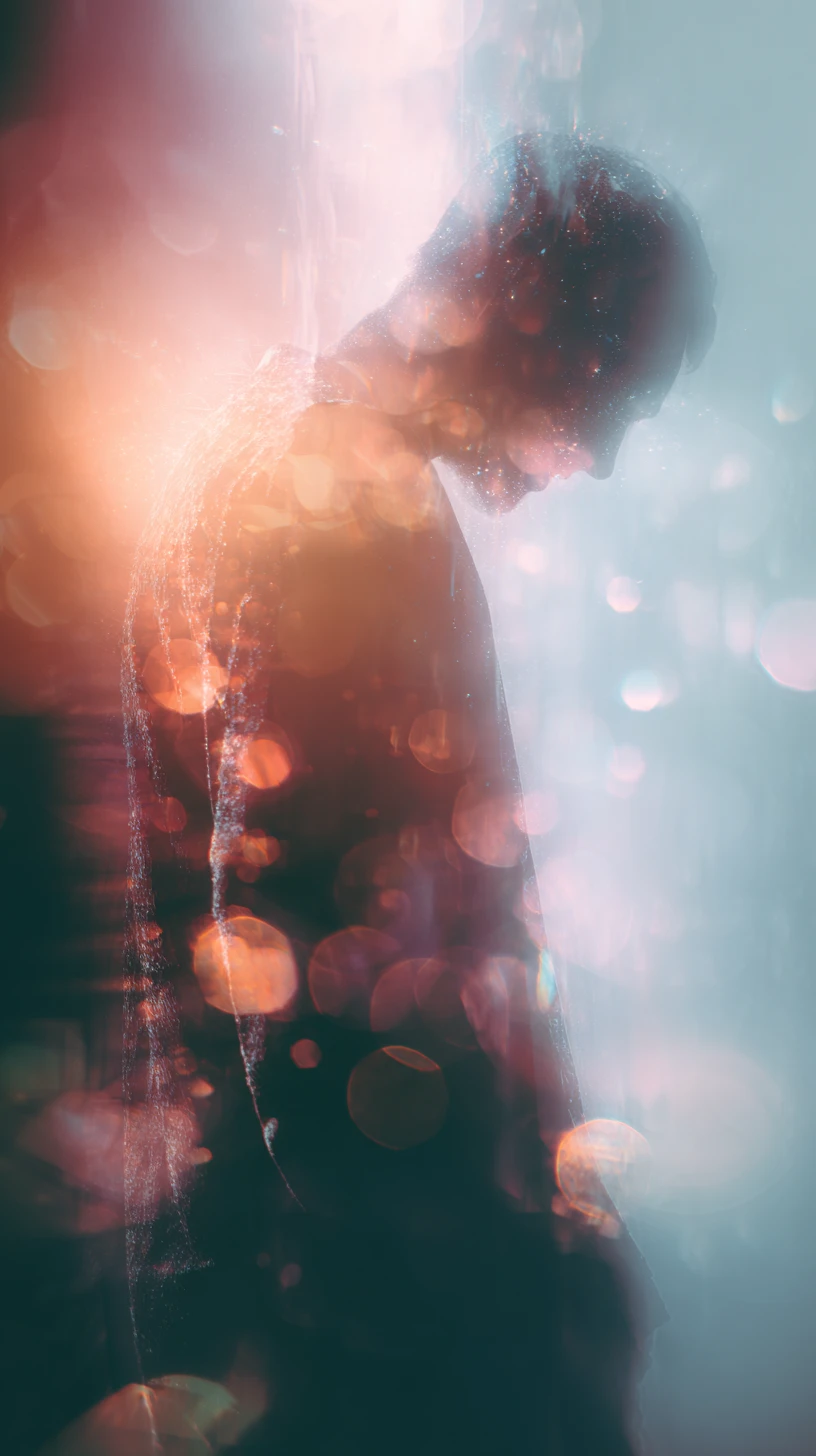 Silhueta humana onírica com luzes bokeh etéreas