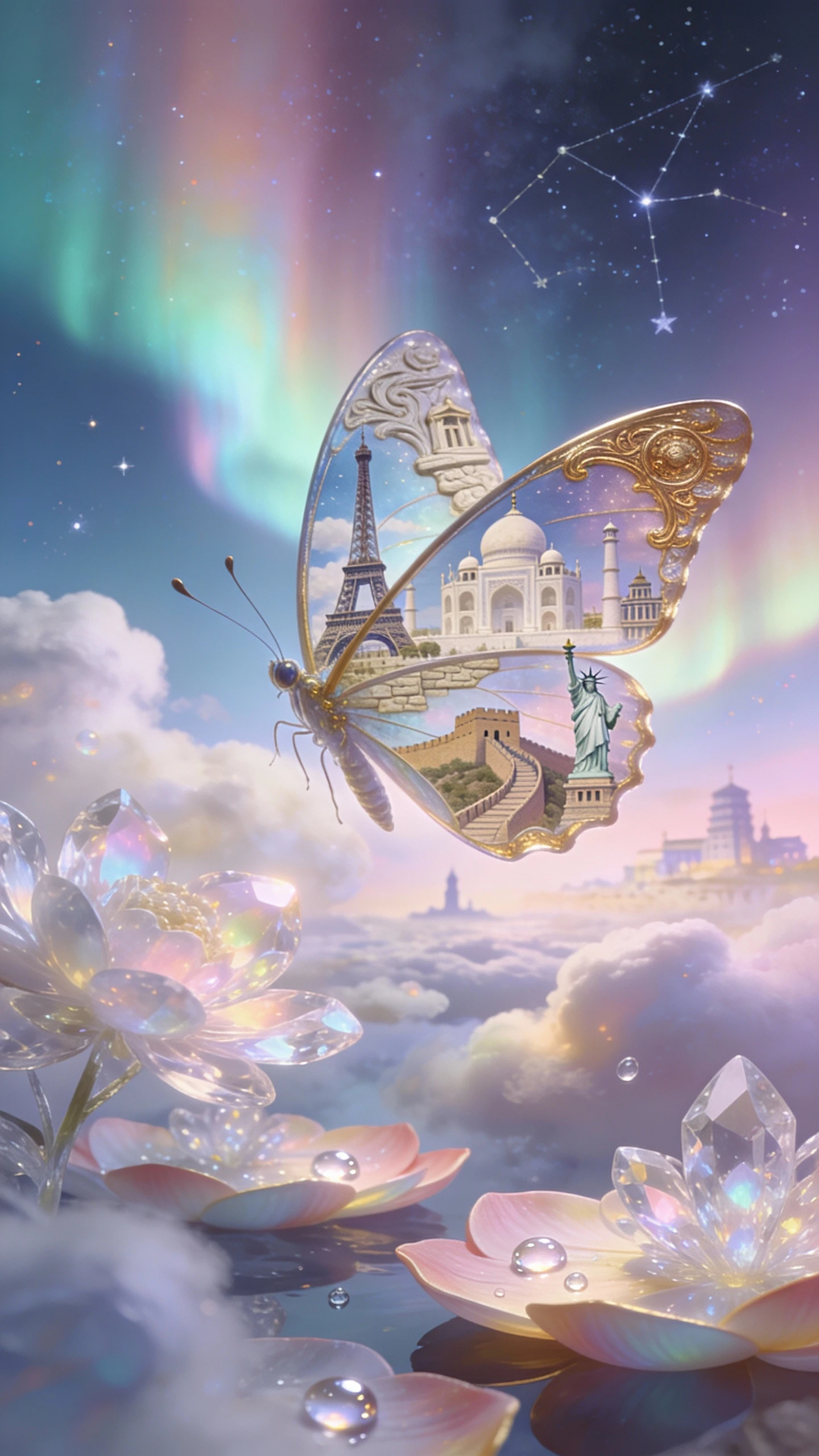 Butterfly With City Landmarks In A Dreamlike Fantasy Scene