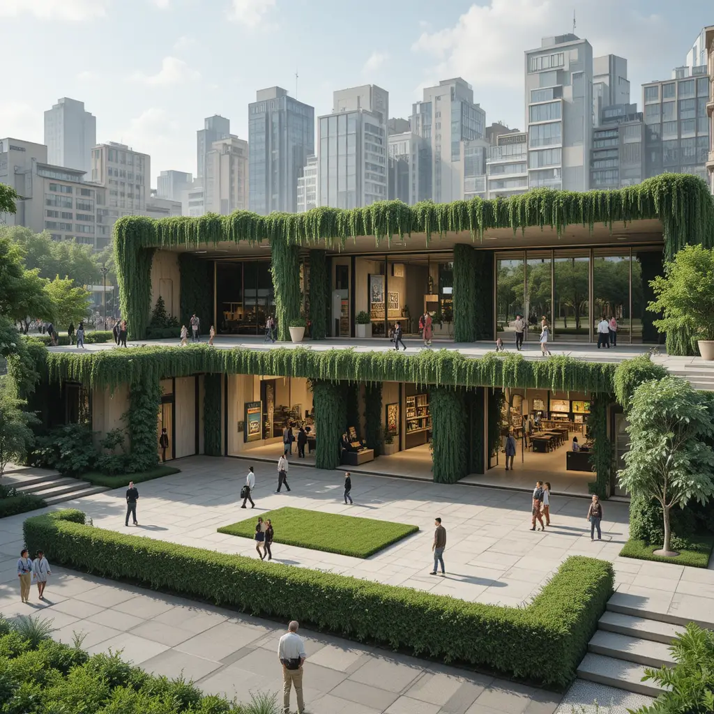 Multi level urban plaza with green walls and activity platforms