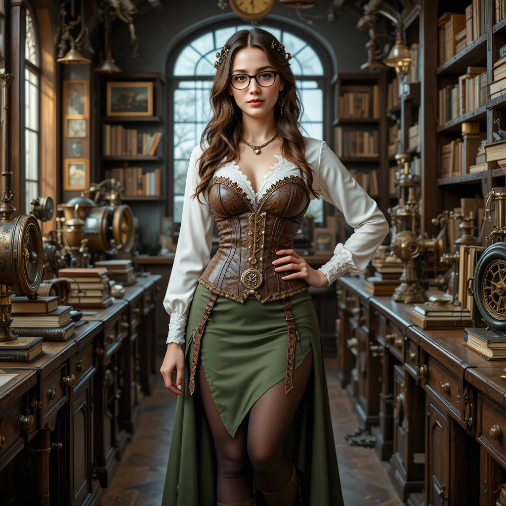 Donna steampunk con libro in un laboratorio a ingranaggi