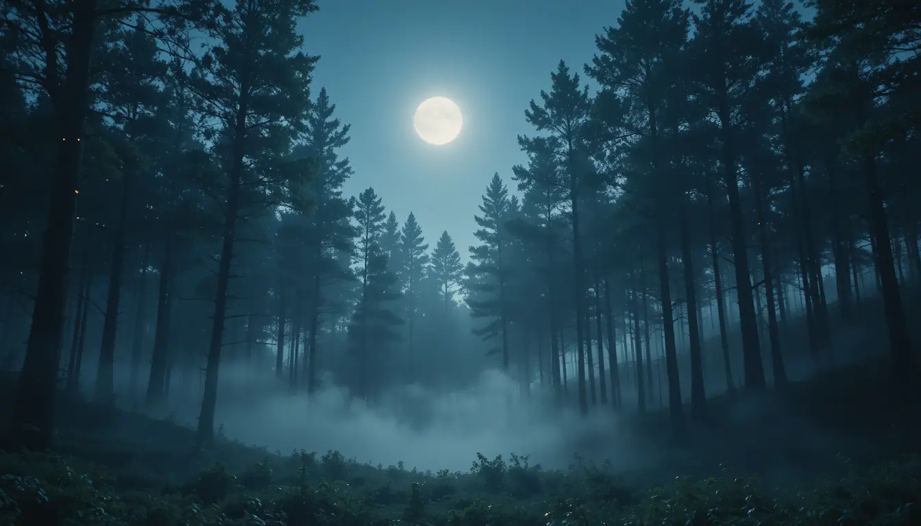 Serene Night Forest Under Moonlight With Gentle Mist