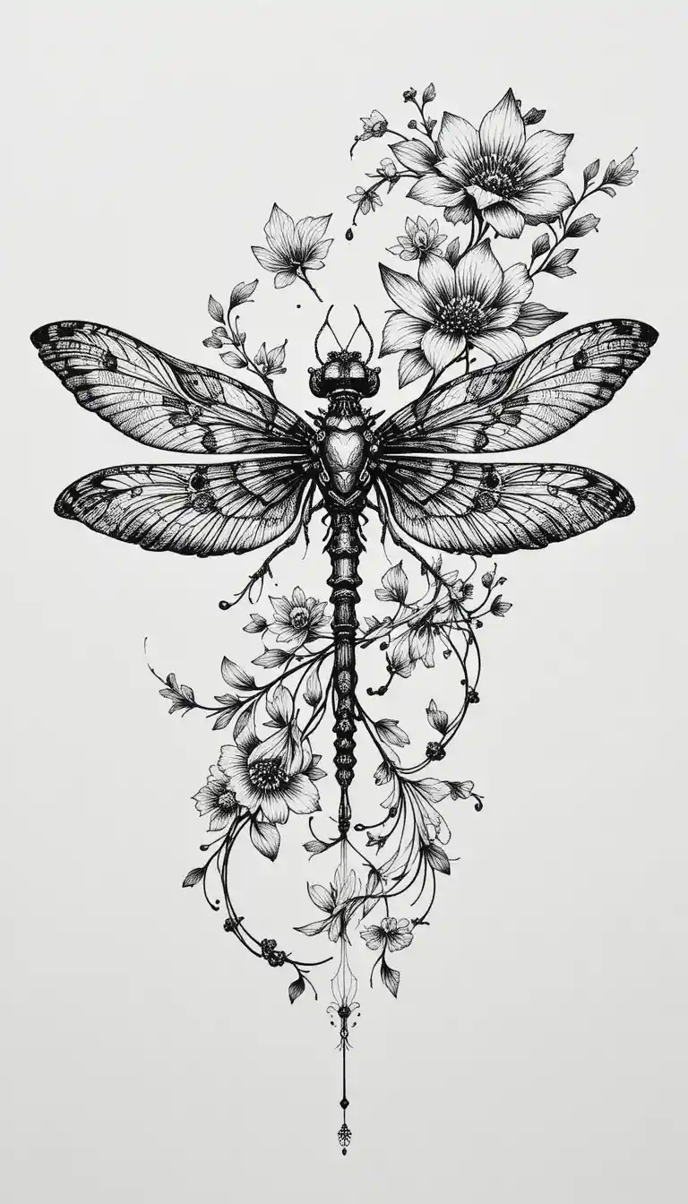 Intricate Ink Dragonfly Illustration Made Of Floral Elements