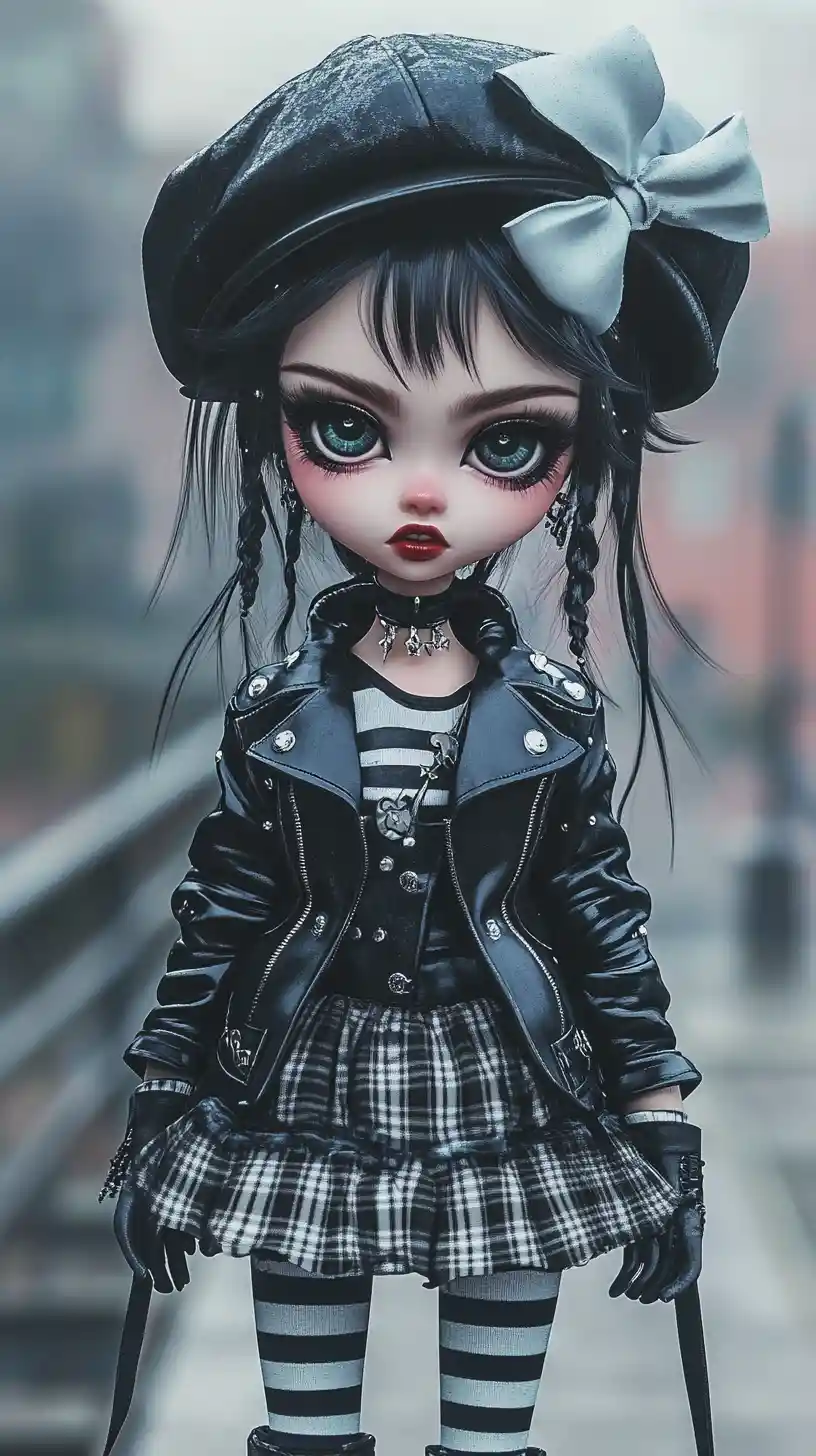 Gothic girl in striped outfit on a pastel waterfront dock