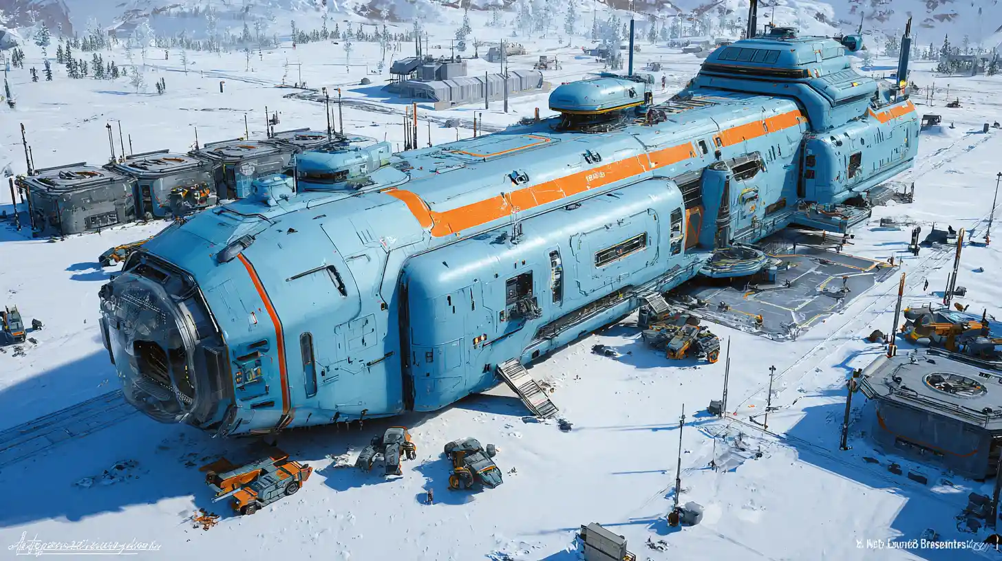 Gigantic bulbous cargo spaceship on a frozen alien world