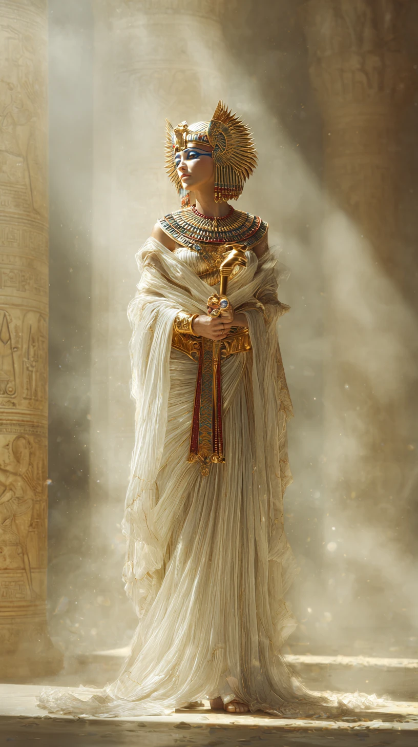 Ancient Egyptian queen in sunlit temple ceremonial pose