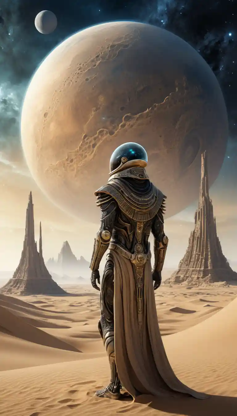 Explorador alienígena em ruínas antigas de um mundo desértico