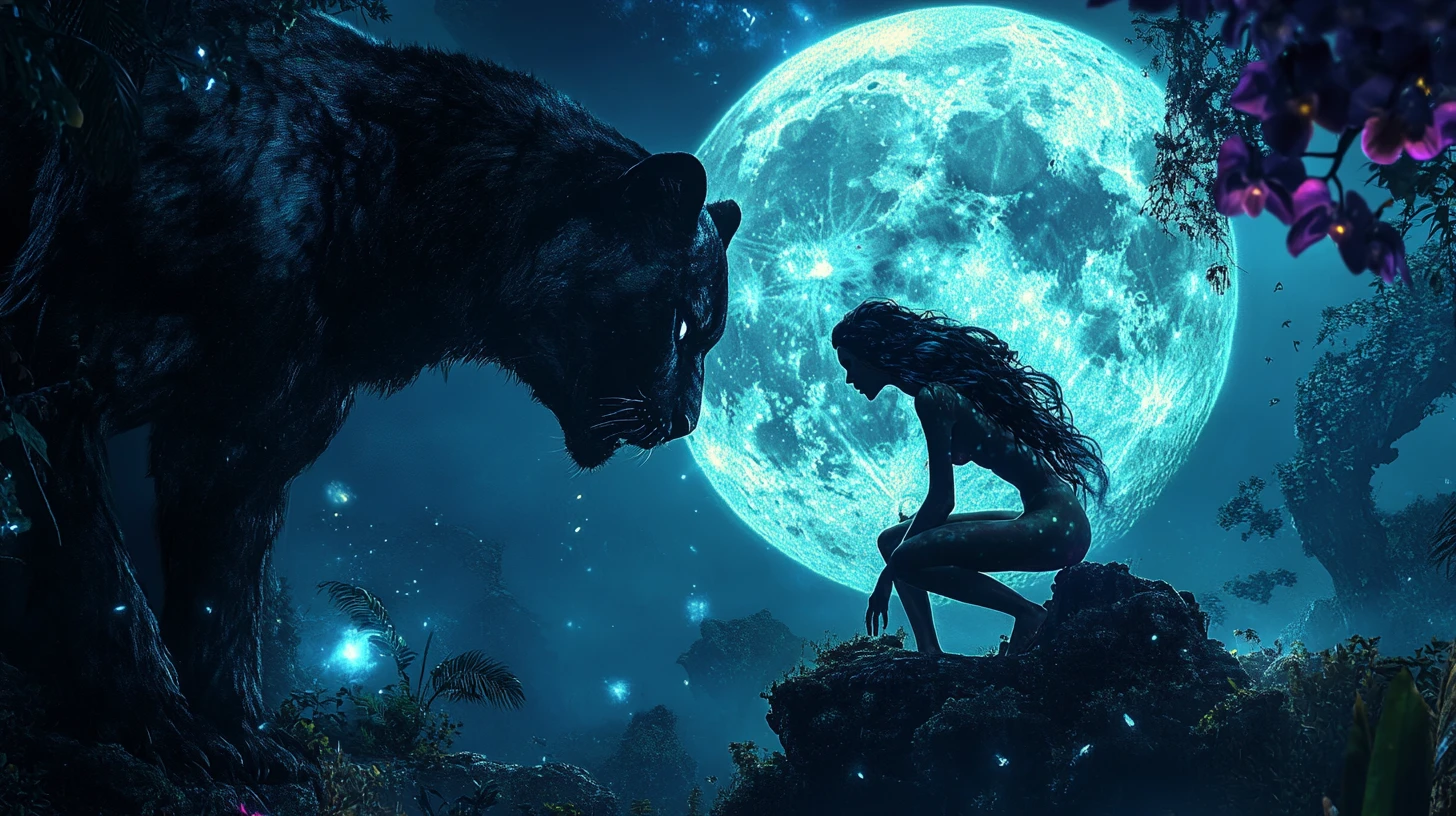 Frau verwandelt sich unter leuchtendem Vollmond in einen Panther