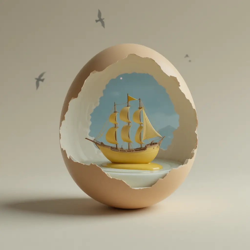 Surreal miniature world inside a cracked eggshell