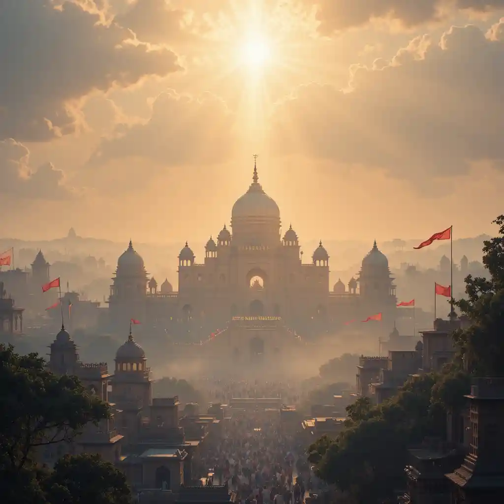 Golden light over a majestic temple in Ayodhya city