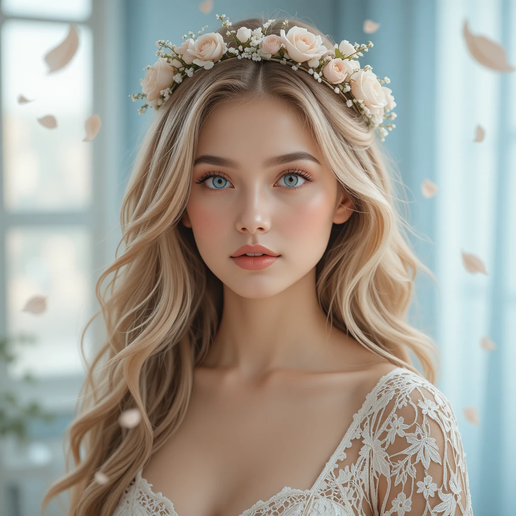 Young blonde woman in lace top with floral crown portrait