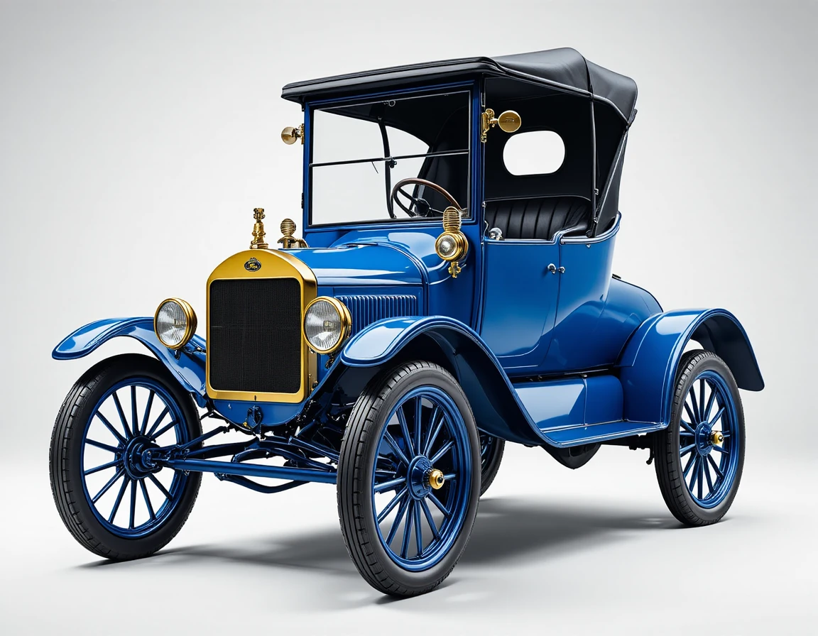 Auto blu d’epoca stile Ford in profilo in uno studio pulito