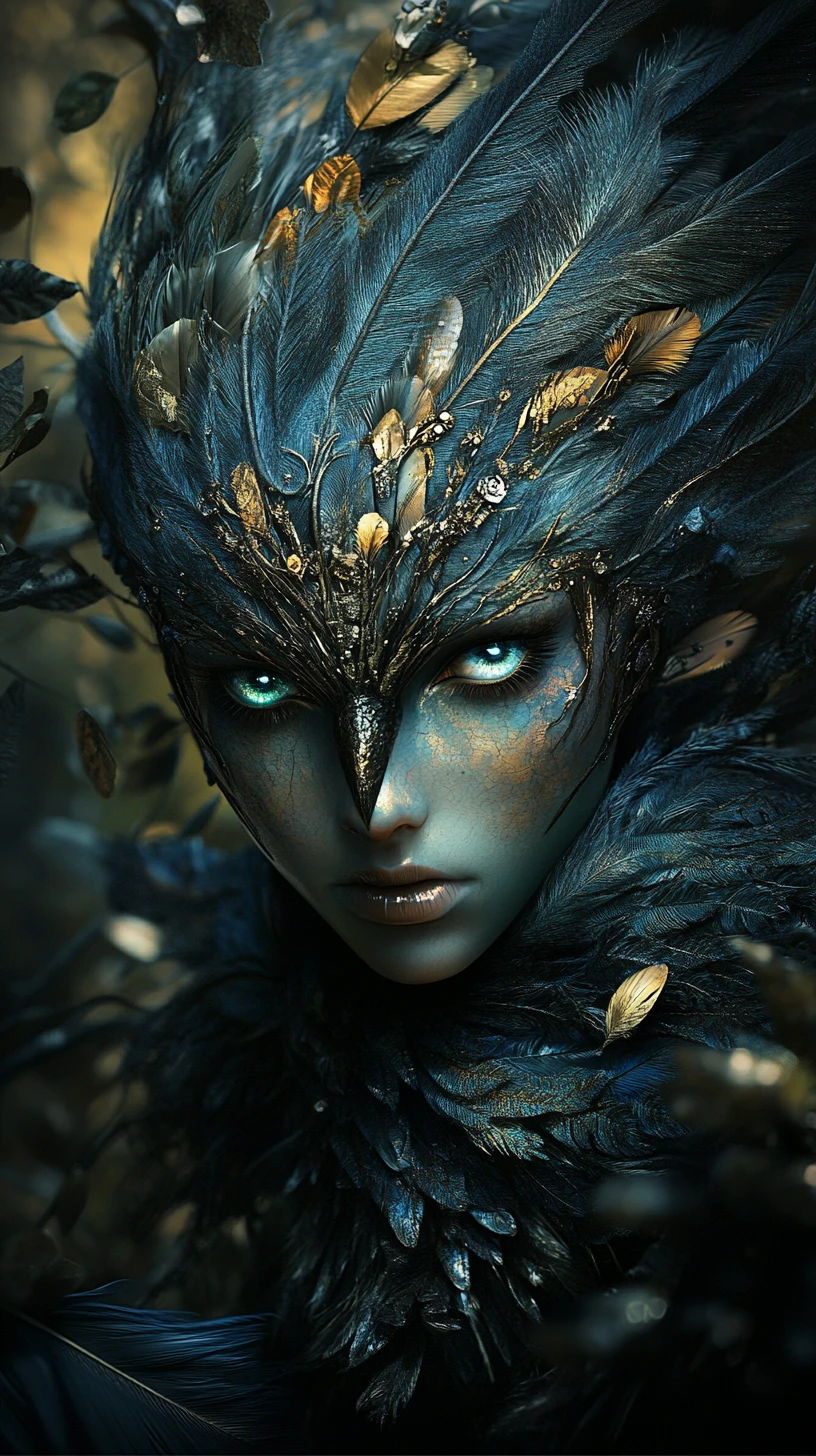 Surreal feathered woman rising within a mystical forest