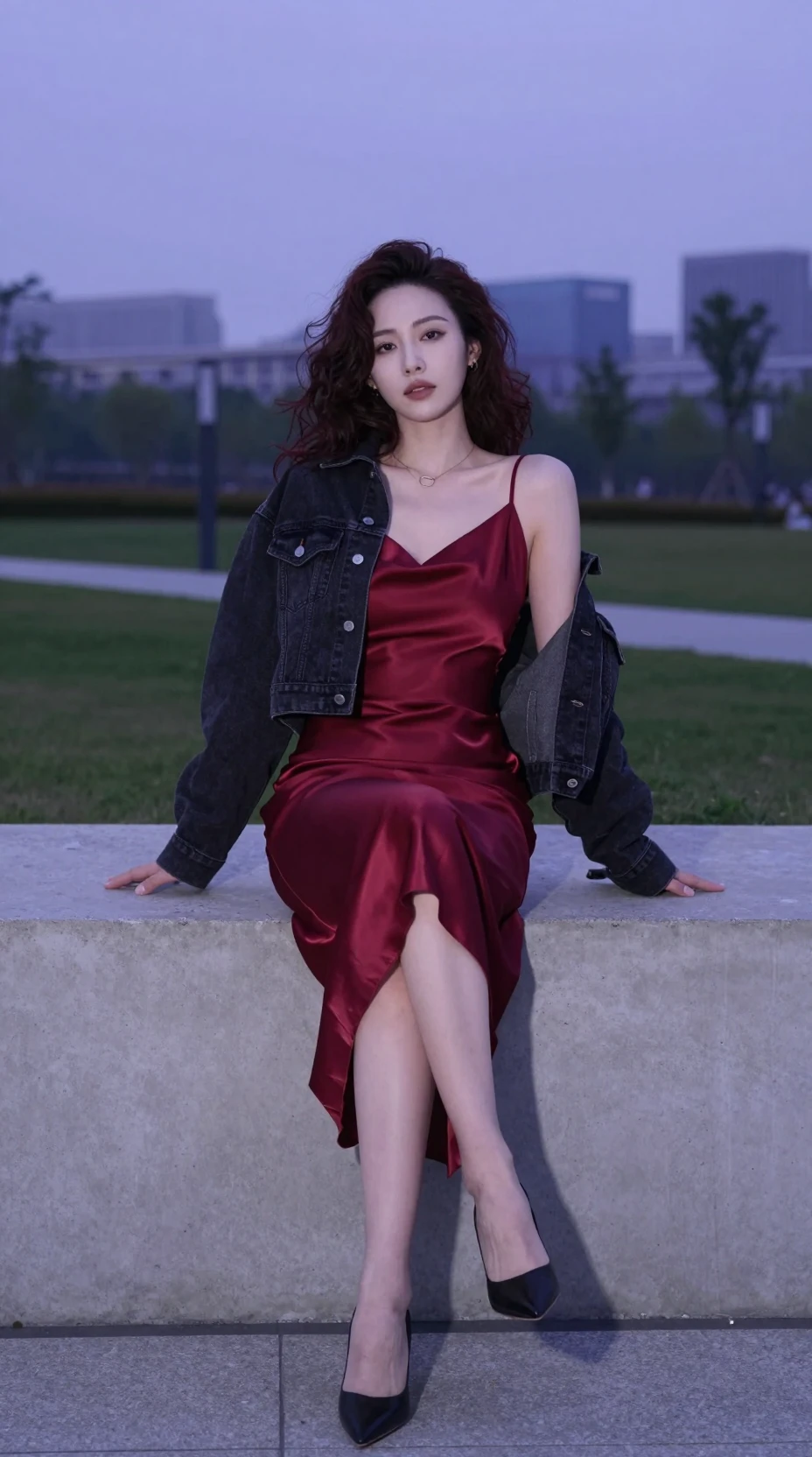 Woman in red satin dress above urban park at dusk