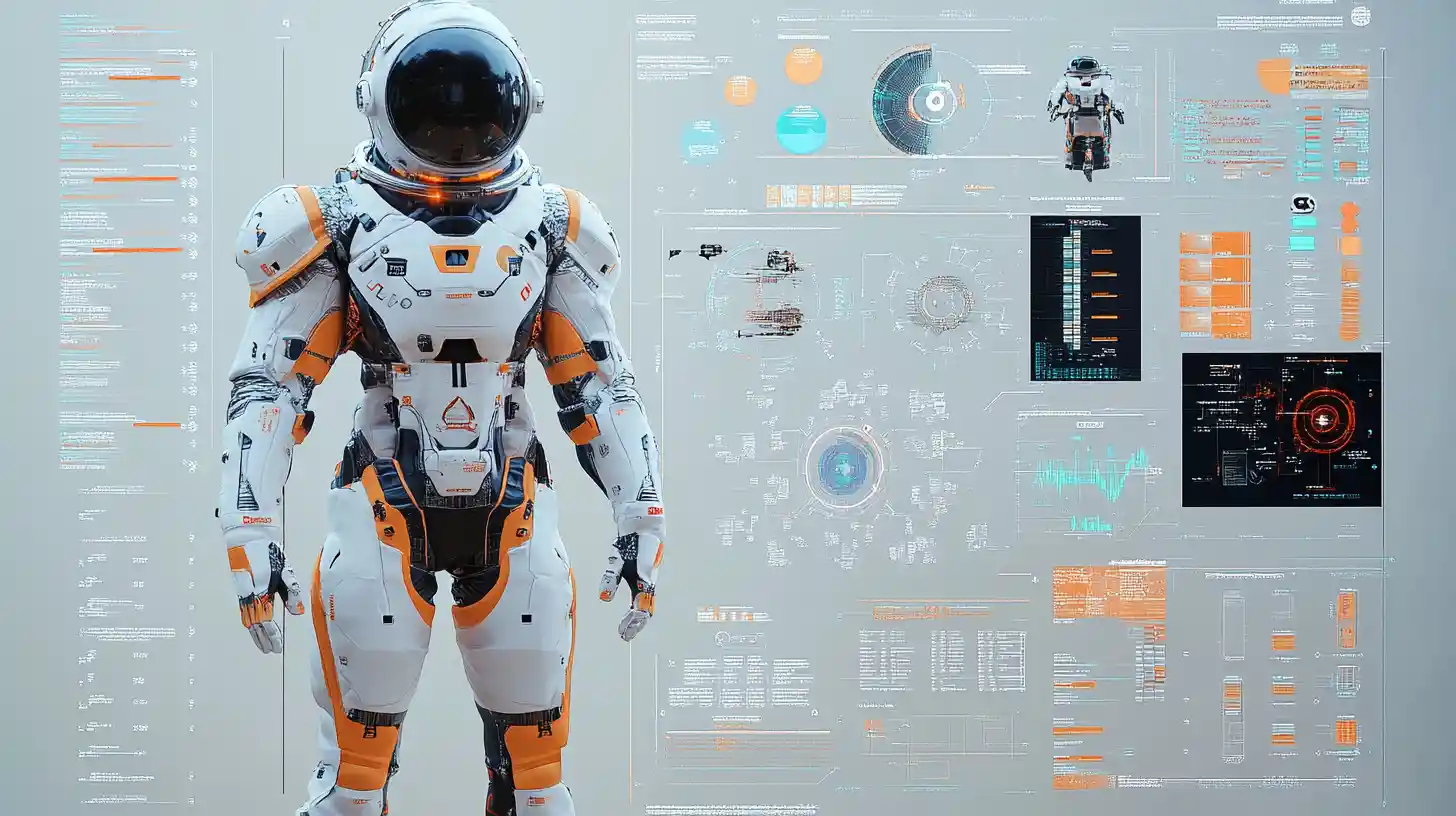 Futuristischer weißer Raumanzug – 3D-Engineering-Konzeptdiagramm