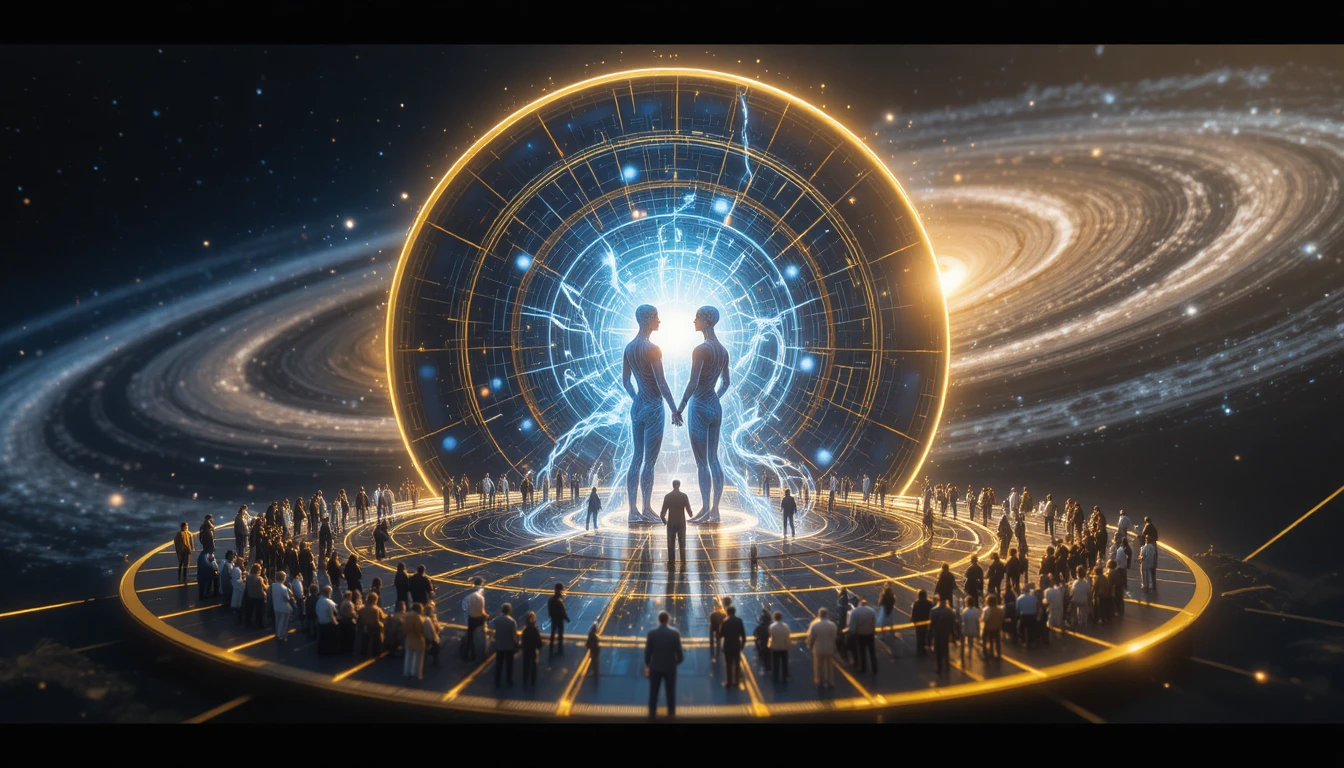Human and AI figures sharing a glowing sphere of knowledge