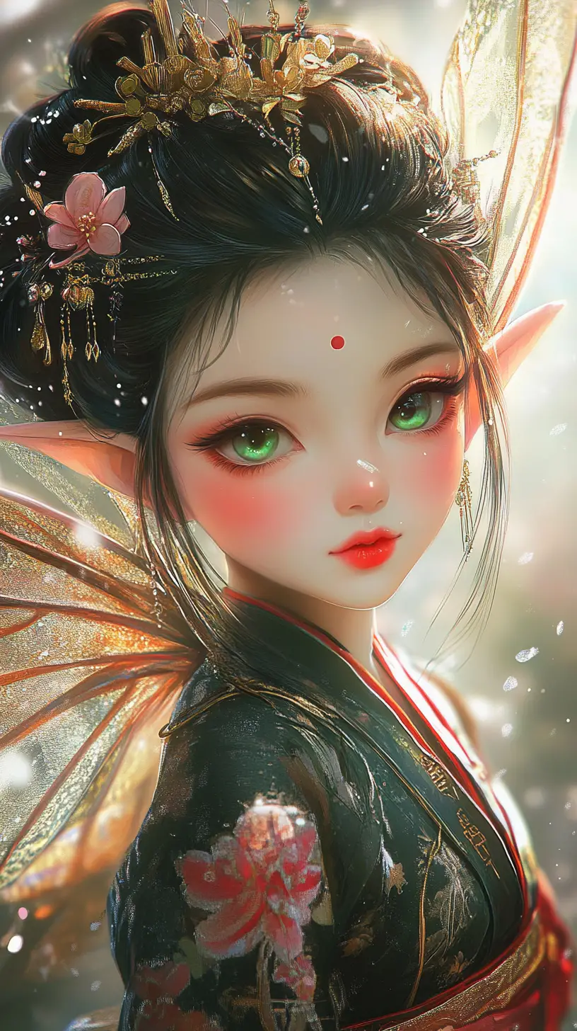 Enchanting Asian fairy portrait with glowing wings and kimono