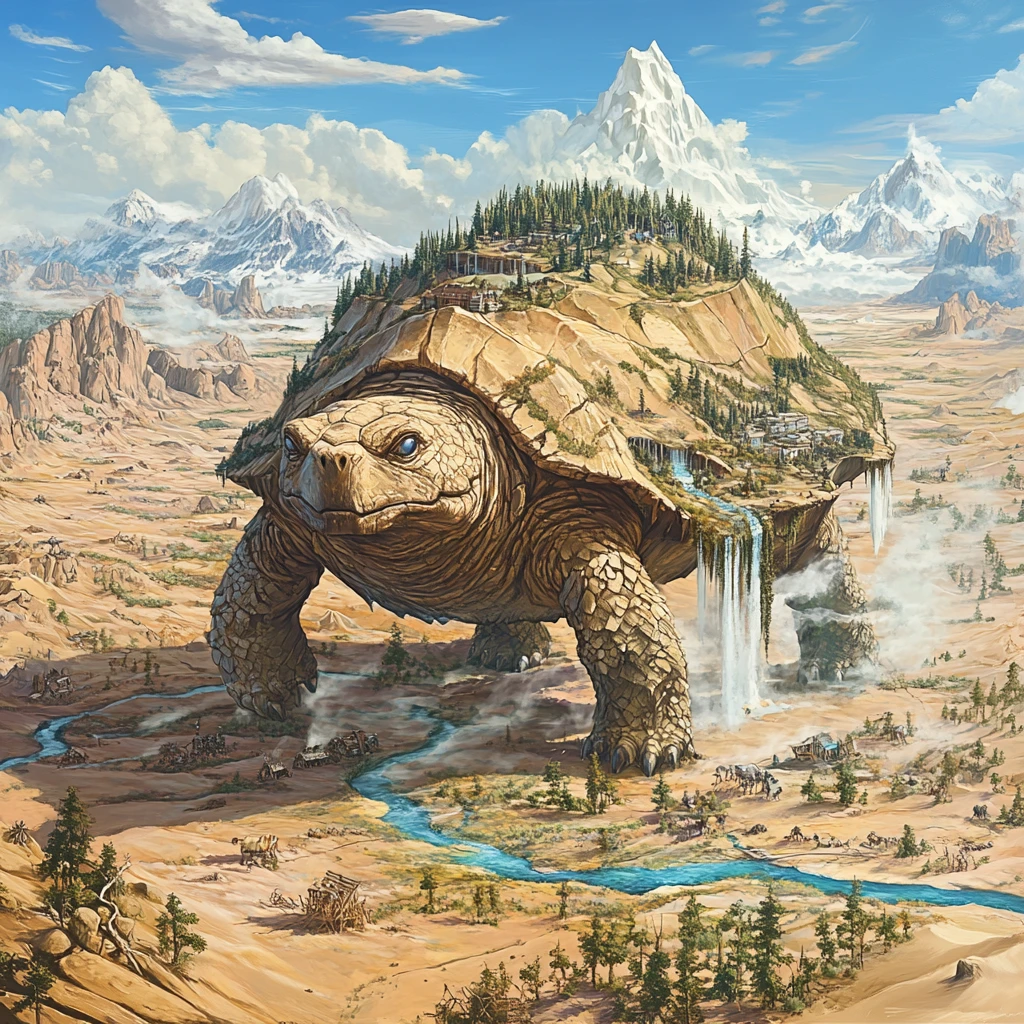 Gigantische Wüstenschildkröte mit einer emporragenden Berglandschaft auf dem Rücken