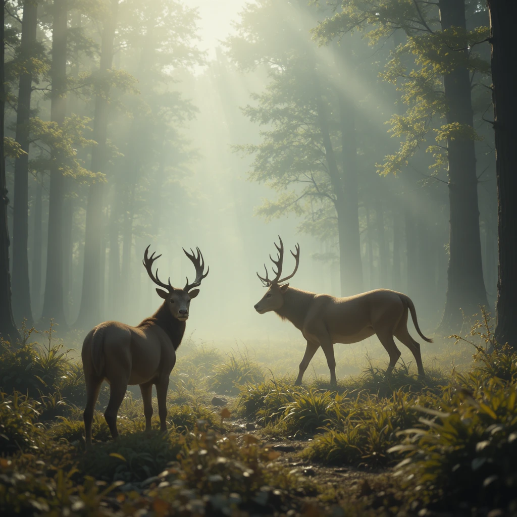 Löwe überfällt Hirsch auf nebliger Waldlichtung