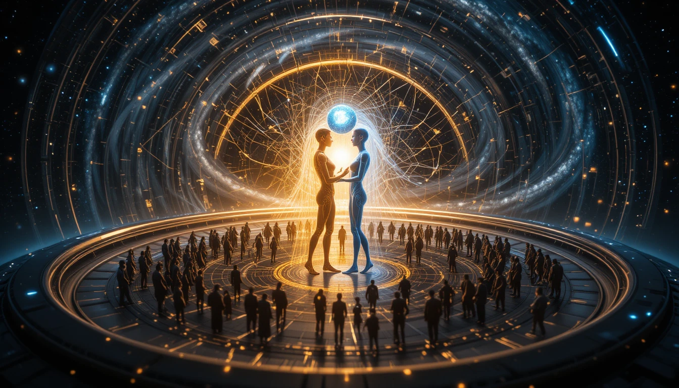 Human and AI figures sharing a glowing sphere of knowledge