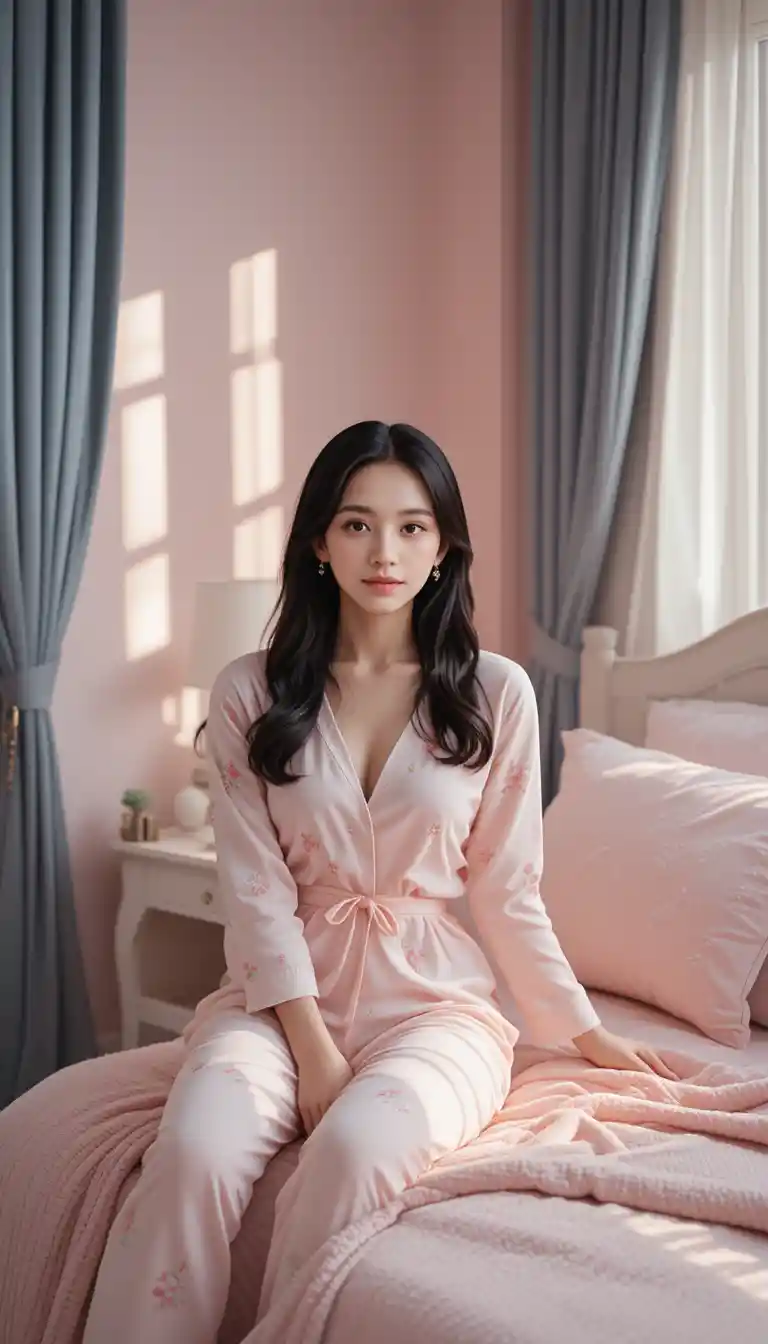 Young woman resting on pink bed in soft daylight