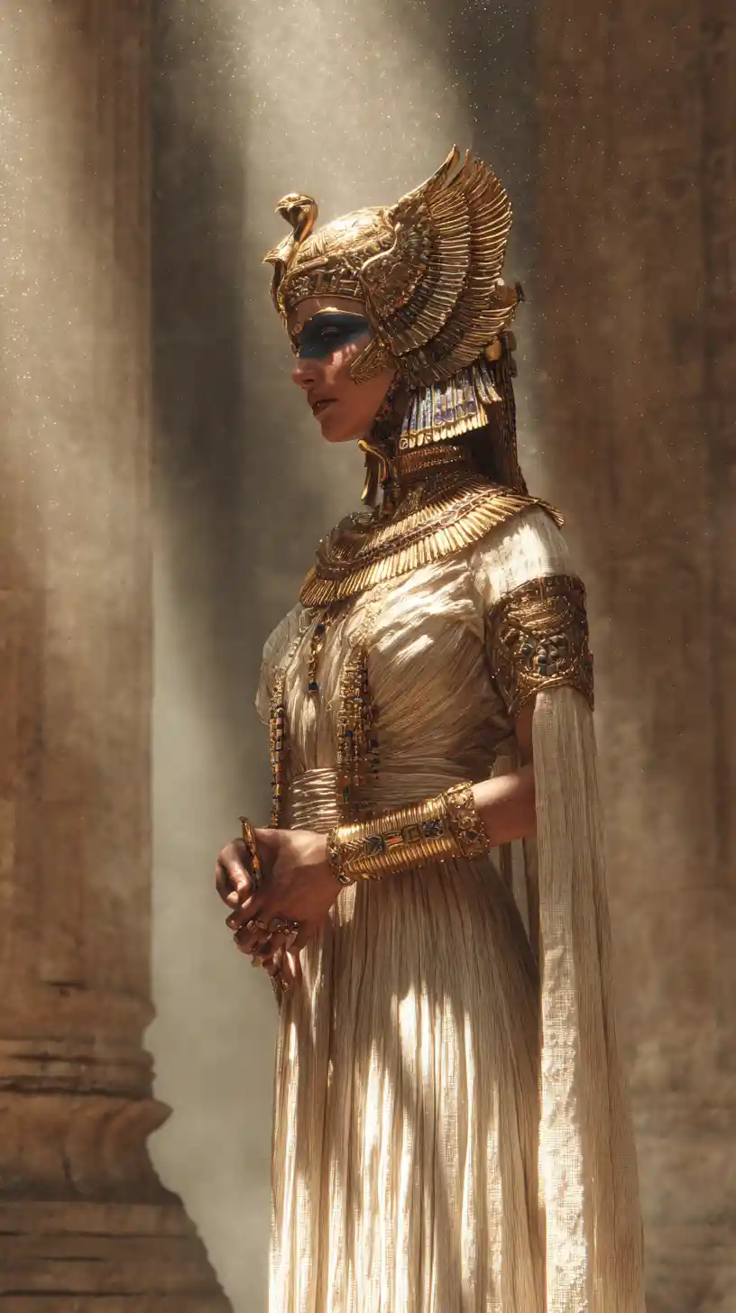 Egyptian queen in ceremonial pose inside sunlit temple hall