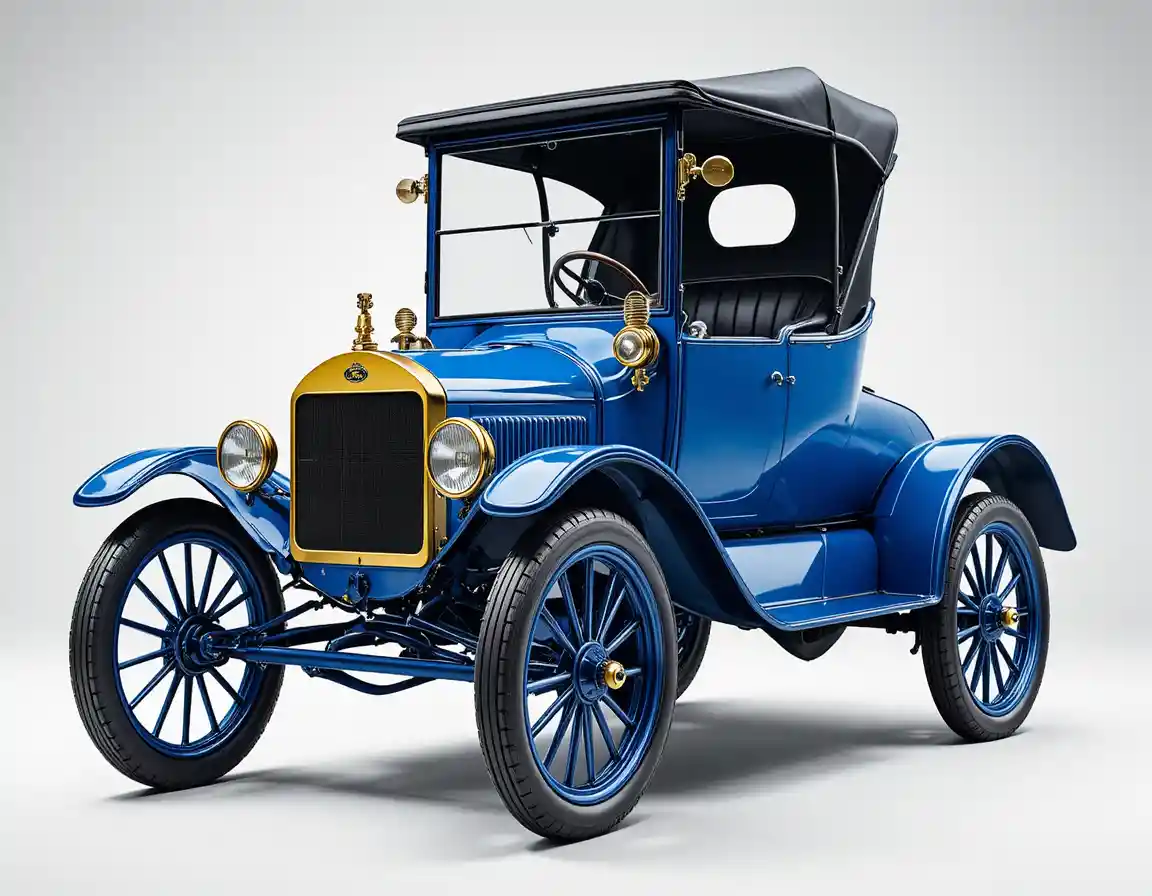 Auto blu d’epoca stile Ford in profilo in uno studio pulito