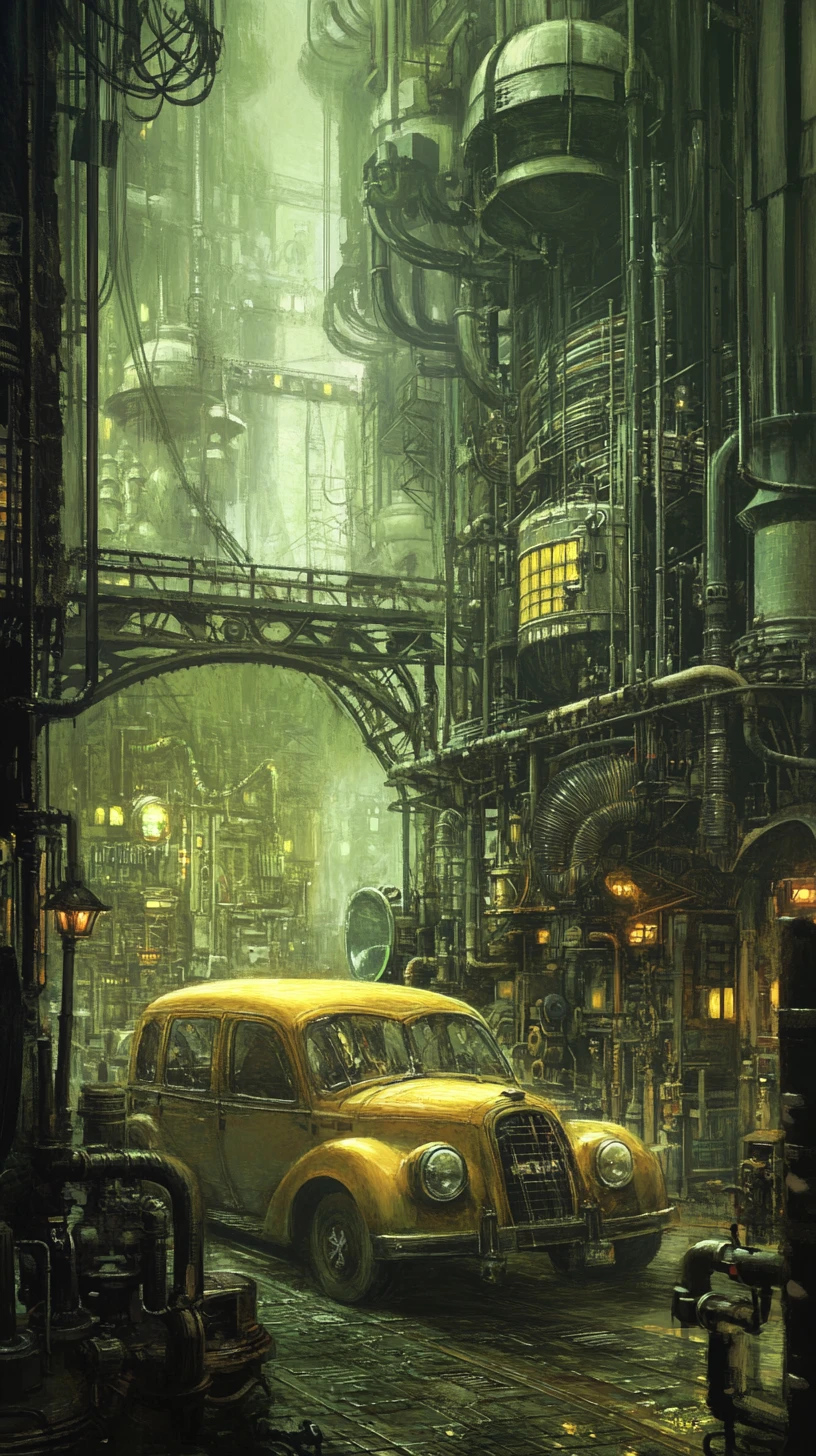 Moody urban auto repair shop in dark fantasy illustration