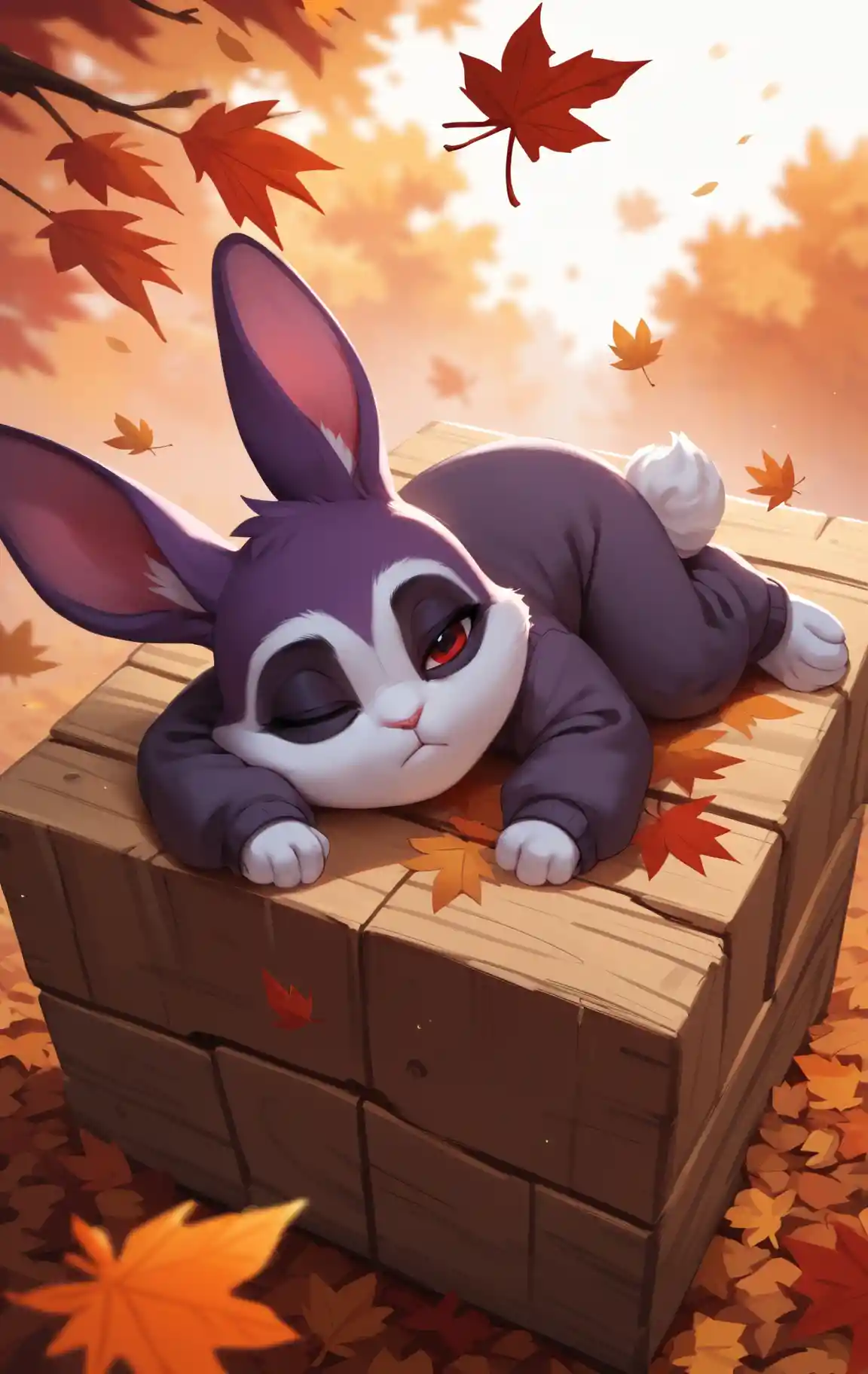 ドミノと落ち葉の間で眠る紫色のウサギたち