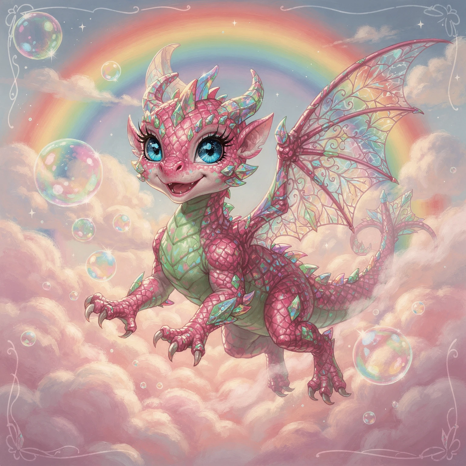 Dolce baby drago che gioca su nuvole rosa sotto l’arcobaleno
