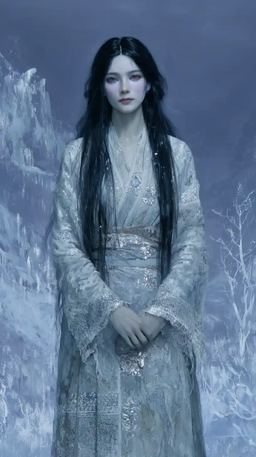 Ghostly Yakutian girl in a moonlit snowy forest