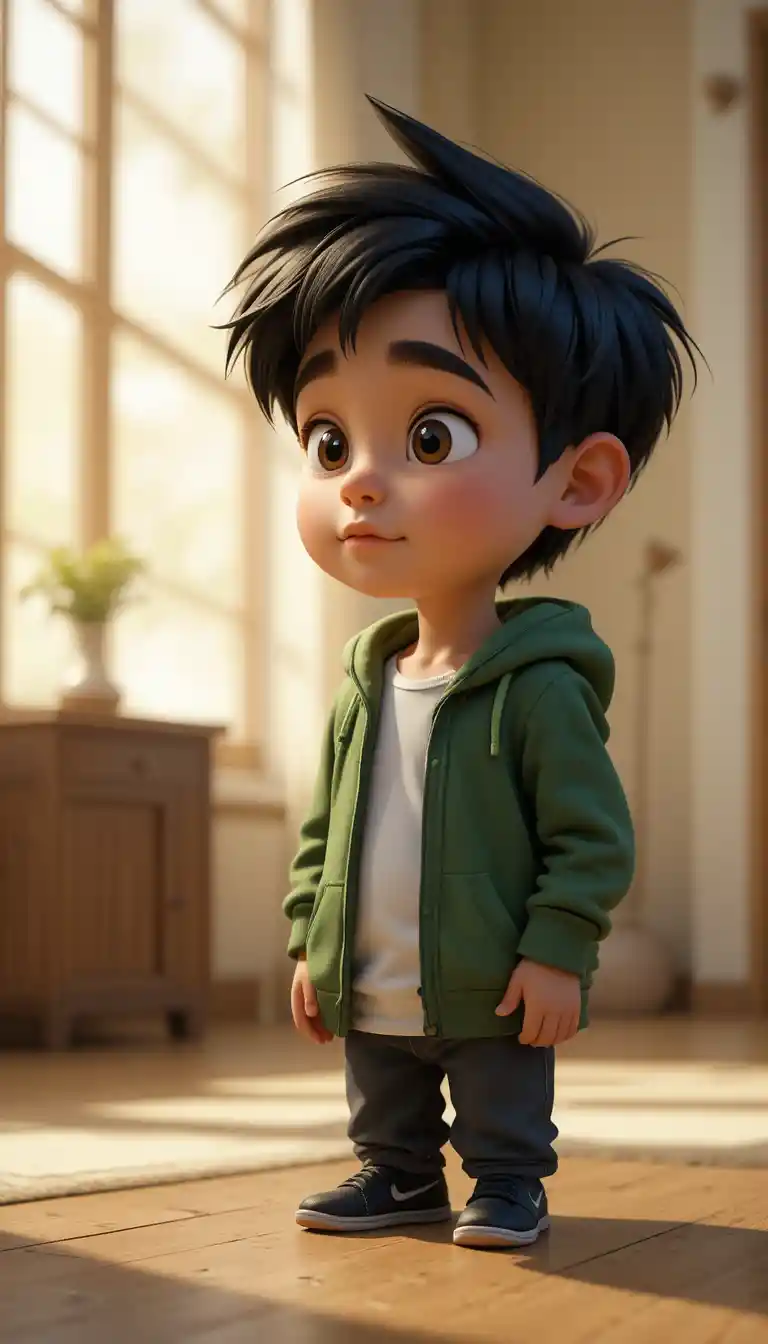3d cartoon boy in green hoodie in soft golden light
