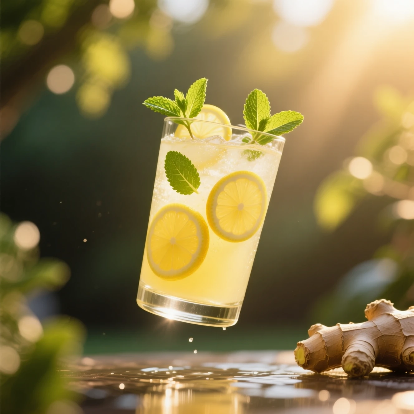 Floating glass of infused lemonade in warm golden light