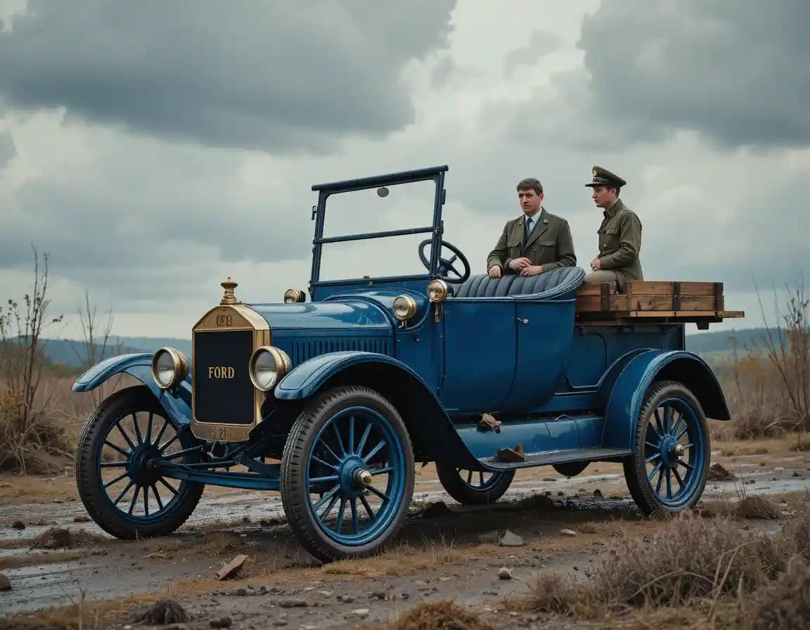 Auto blu d’epoca in stile Ford in profilo da studio pulito